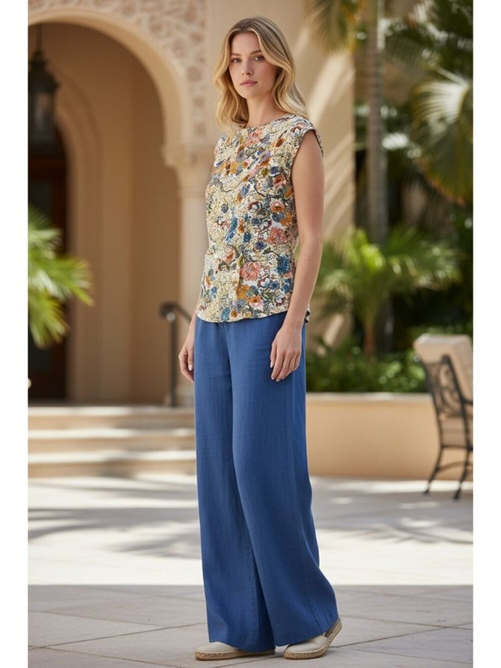 Lucy & Laurel Blouse Womens Size Small Floral Print Cap Sleeve Top Blue Yellow
